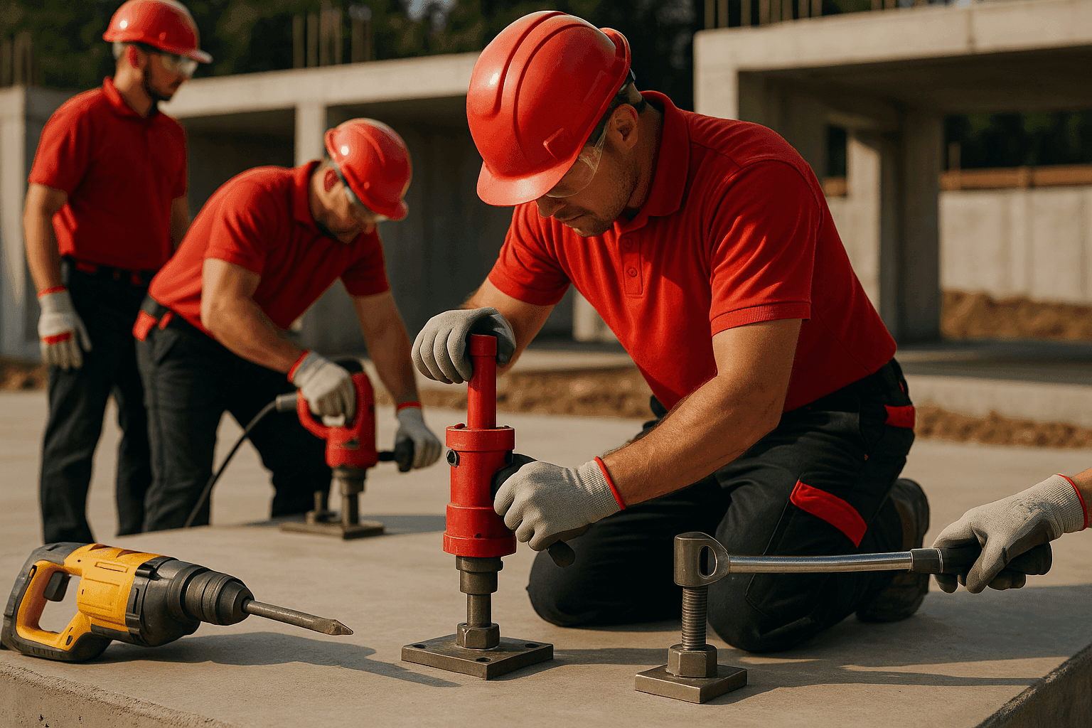 Construction site with workers in safety gear operating foundation tools on concrete slab