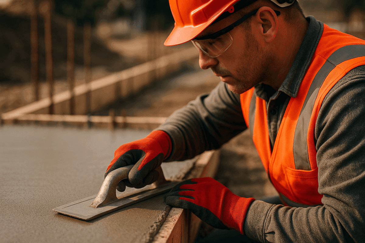 Close-up of gloved hands smoothing wet concrete foundation with trowel on job site