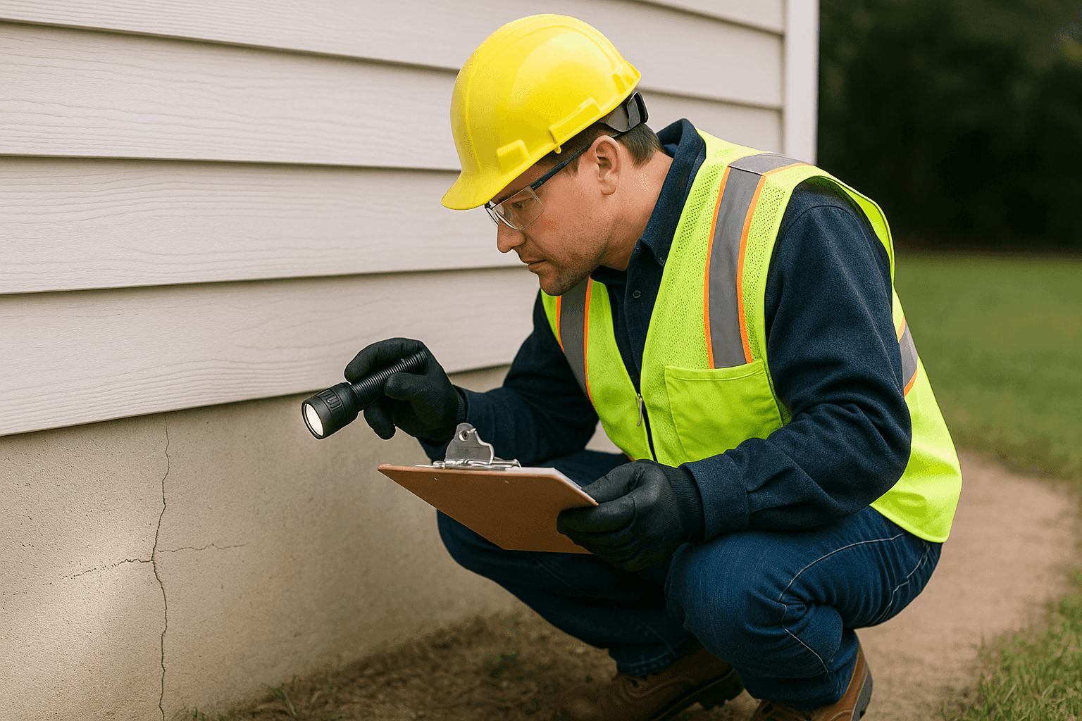 Técnico examinando una pared de cimentación residencial agrietada con herramientas de inspección