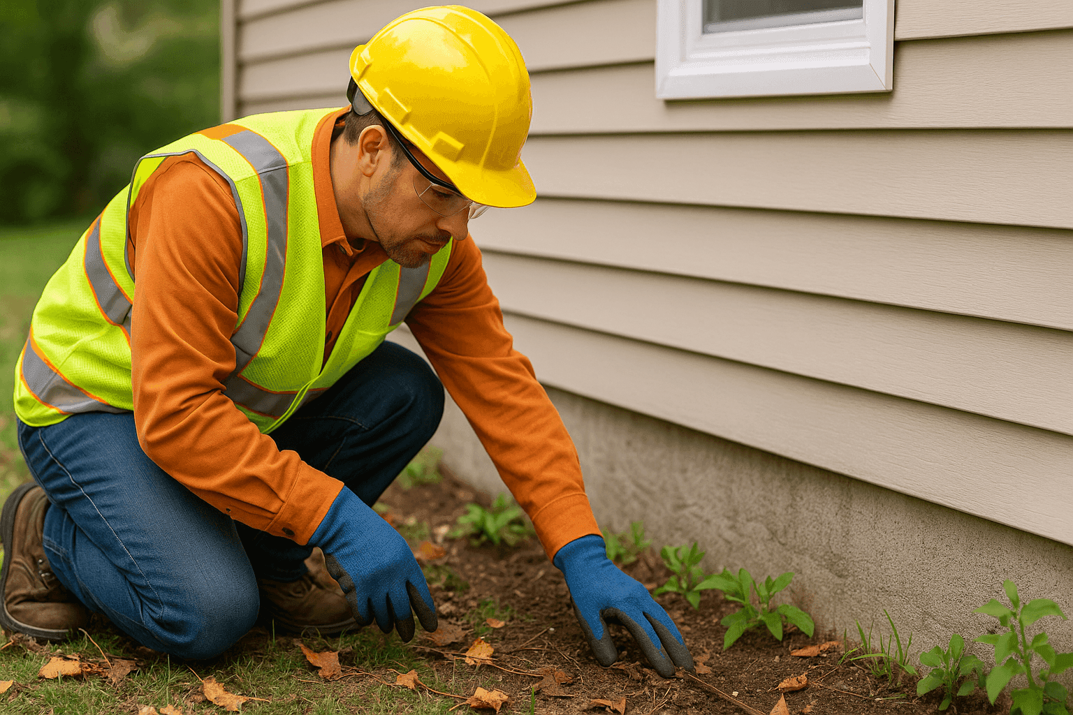 Técnico realizando mantenimiento estacional en el exterior de los cimientos de una vivienda